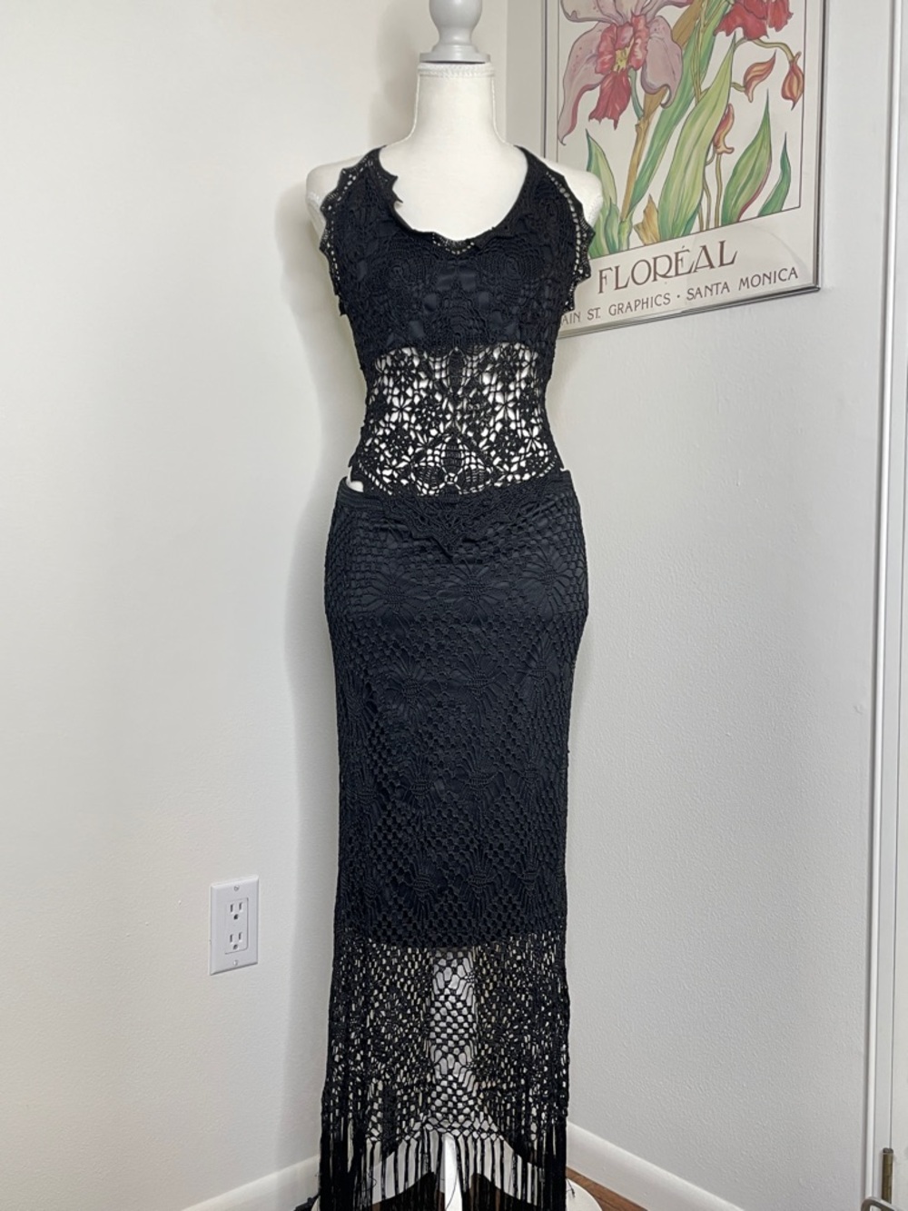 Vintage Caché Black Crochet Halter Maxi Skirt Set with Fringe Sz Medium 90s RARE